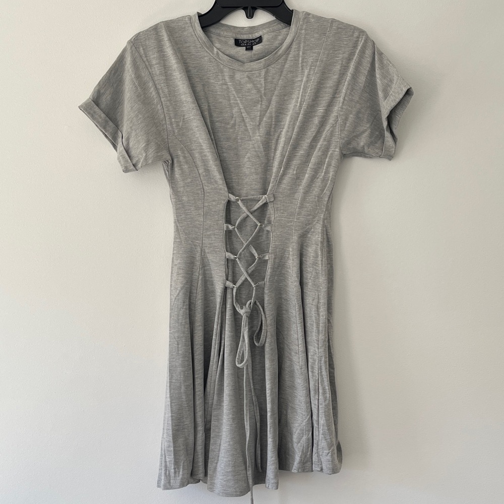 Topshop Light Gray Lace-Up Short Sleeve Mini Dress